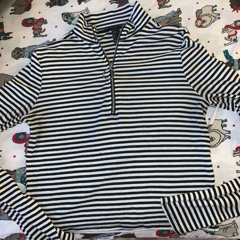 Mock Neck Striped O-Ring Zip Up Top